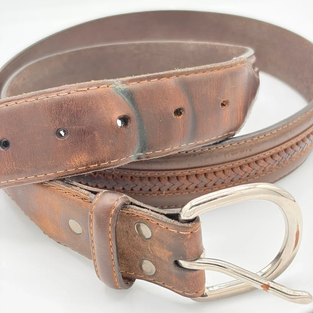 Nocona Belt Co Leather Belt 44 Western Brown Braided Silver Buckle Men's Women's